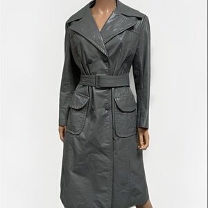 Women's Genuine Leather Gray Double-Breasted Trench Coat Size Medium Belted